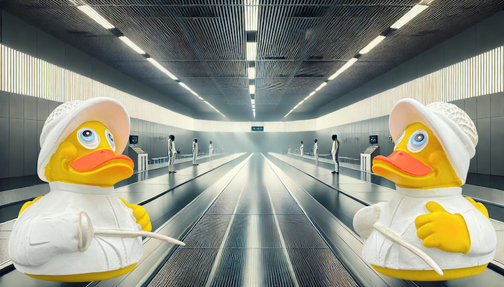 Zwei Fecht Quietscheenten stehen auf einer Fechtbahn